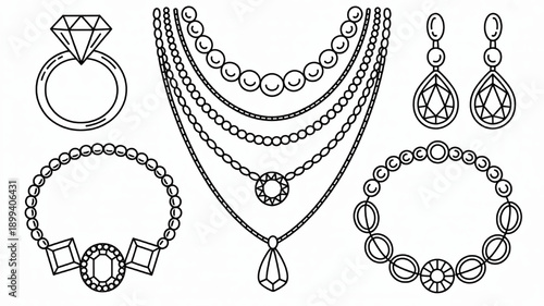 Collection of jewelry icons including rings necklaces and earrings in a minimalist line art style for fashion and luxury design