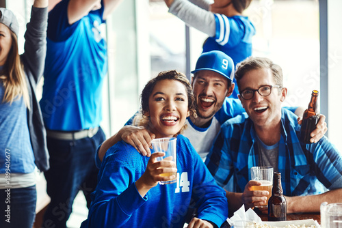 Slika na platnu Match, fans or friends in pub with beer, excitement or bonding together in soccer tournament
