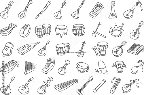 A collection of hand-drawn illustrations of diverse musical instruments