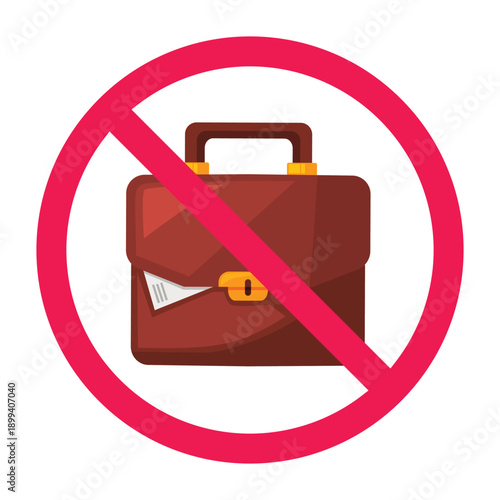 Forbidden sign with briefcase icon, no briefcase sign, do not bring briefcase sign, business bag not allowed symbol, vector illustration