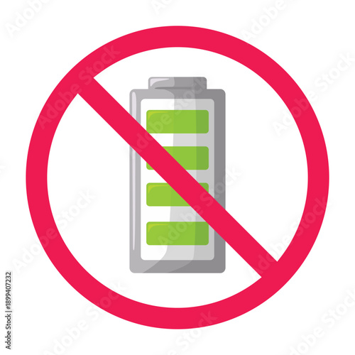 No full battery sign, overcharging prohibited symbol, do not overcharge battery illustration, battery charge limit warning icon, vector illustration