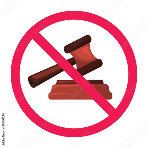 No gavel sign, forbidden sign with judge gavel icon, auction prohibited symbol, no bidding allowed symbol, vector illustration
