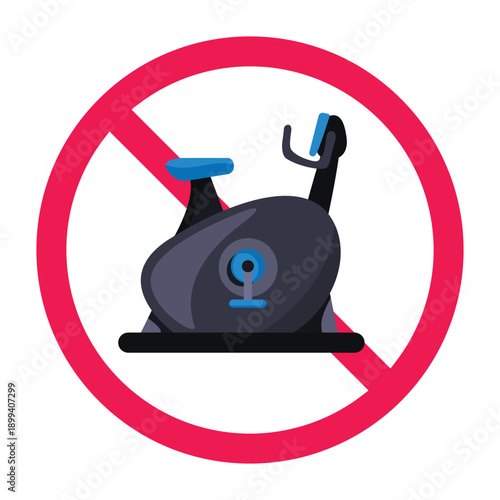 No gym bike sign, forbidden stationary bike icon, exercise bike prohibited symbol, do not use exercise bike, vector illustration
