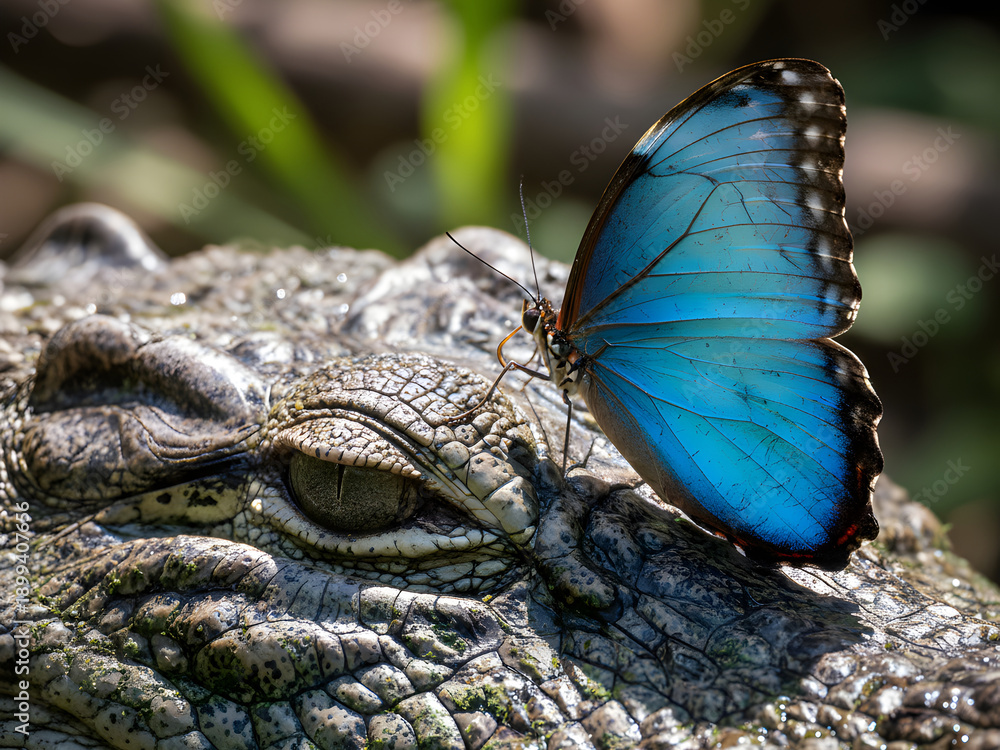 Fototapeta premium A close-up shot of a vibrant blue morpho butterfly resting delicately on the textured, scaly skin of a saltwater crocodile's head, near its watchful eye.