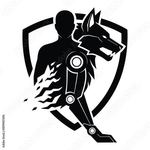 Cyborg athlete with wolf head running with shield background