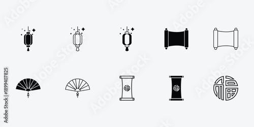 A vibrant assortment of traditional Chinese New Year symbols including red lanterns, firecrackers, gold ingots, lucky knots, and blooming branches.