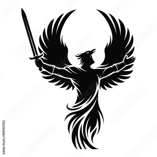 Mythical phoenix warrior spreading wings with sword in hand
