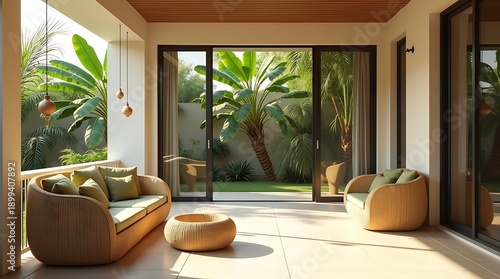 Wallpaper Mural The Seamless Sanctuary: A conceptual wide-angle shot of a sand-colored stone veranda with raw wood ornaments. Torontodigital.ca