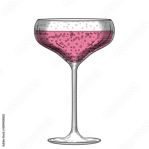 Wide coupe of pink champagne glass hand drawn color vector illustration in line art style. Retro cabaret sparkling wine sketch. Flirty festive drink. Vintage engraving for bars and menus.
