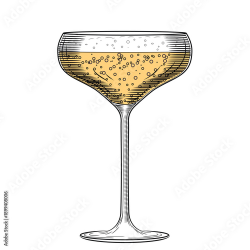 Wide coupe champagne glass hand drawn color vector illustration in line art style. Retro cabaret sparkling wine sketch. Flirty festive drink. Vintage engraving for bars and menus.
