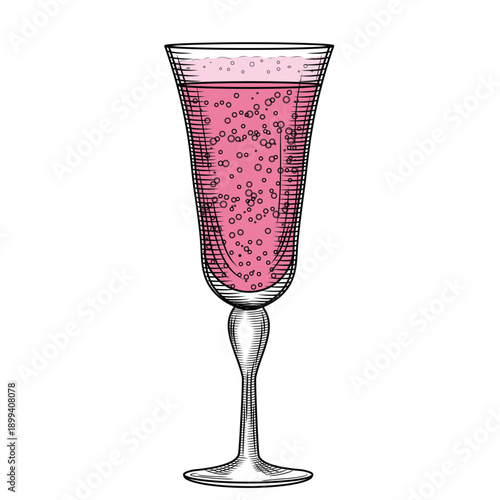 Tulip flute champagne glass hand-drawn vector illustration in line art style. Retro sparkling wine sketch. Flirty festive drink. Vintage engraving for bars and menus.