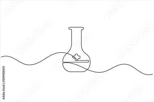 Science laboratory flask with plus sign in continuous one line art style