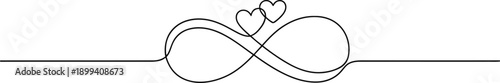Continuous line art drawing of an infinity symbol with hearts,  expressing enduring relationships and everlasting love or friendship, implying a bond that remains alive throughout life. Minimalist art