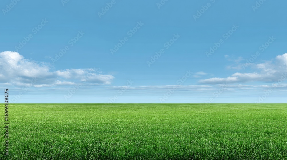 Obraz premium Vast Open Green Field Under Bright Blue Sky with Fluffy White Clouds, Ideal for Nature and Outdoor Themes in Stock Photography