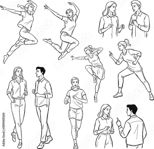 Collection of stylized line drawings of diverse human figures in various poses including  Individuals jumping and dancing, People walking and conversing, running and jogging. 
