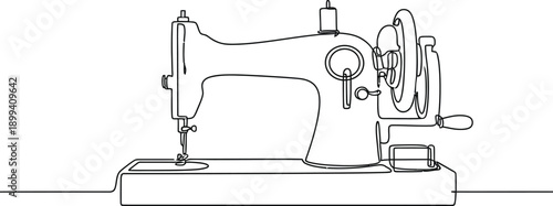Vintage Sewing Machine Illustration. Line art illustration of a traditional sewing machine against a white background.