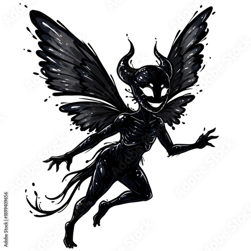 Black demon fairy with horns and glowing eyes, mischievous grin, flying