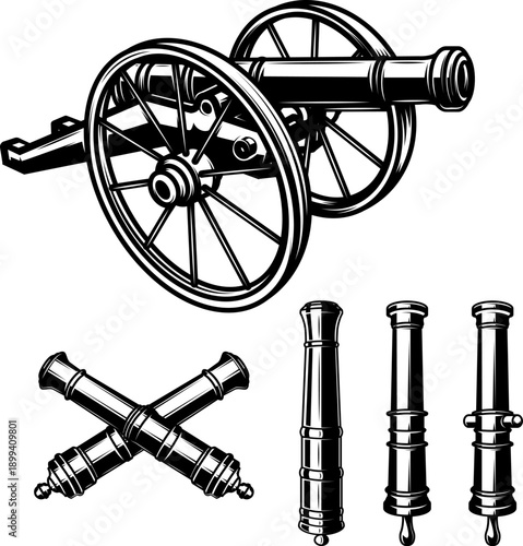A black and white vector set featuring a vintage field cannon on wheels, a pair of crossed cannons, and three individual artillery barrels. Detailed historical weapon art.