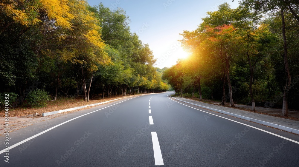 Obraz premium Serene Empty Road Surrounded by Vibrant Trees at Sunrise in a Peaceful Landscape with Natural Light Streaming Through Foliage