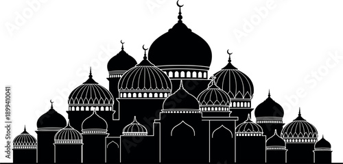 Intricate mosque facade with numerous domes and minarets