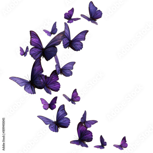Butterflies fly in a swirl showing various shades of purple in a light background at different distances