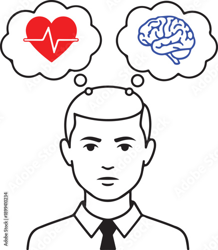 Rational vs Emotional Thinking Line Art Design for Decision Making Education.