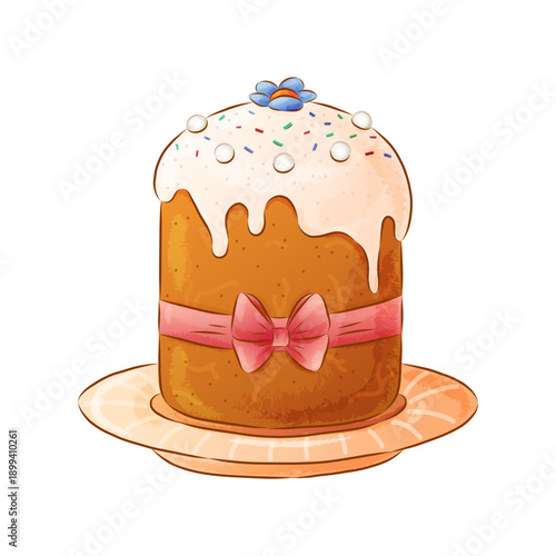 Easter cake with sugar icing. Easter design element. Textured vector illustration. Watercolor effect.