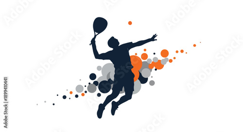 Silhouette of a dynamic tennis player jumping to hit a ball with a racket against a white background with colorful splashes of orange, gray, and blue.
