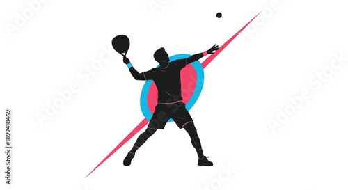 Silhouette of a tennis player in action hitting a ball with a racket against a white background with geometric shapes.
