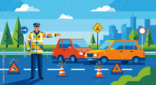 Road Safety Officer Helping Accident Scene

A flat vector illustration of a road safety officer assisting at a minor accident scene. Warning triangles and calm gestures visible. 