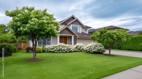 Beautiful suburban house surrounded by lush greenery and blooming white flowers on a well-maintained lawn under a cloudy sky