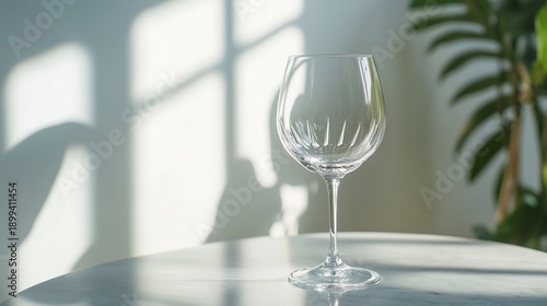 stemware. A crystal-clear wine glass on a marble countertop, reflecting soft light in an elegant minimalist scene. bar promotions.