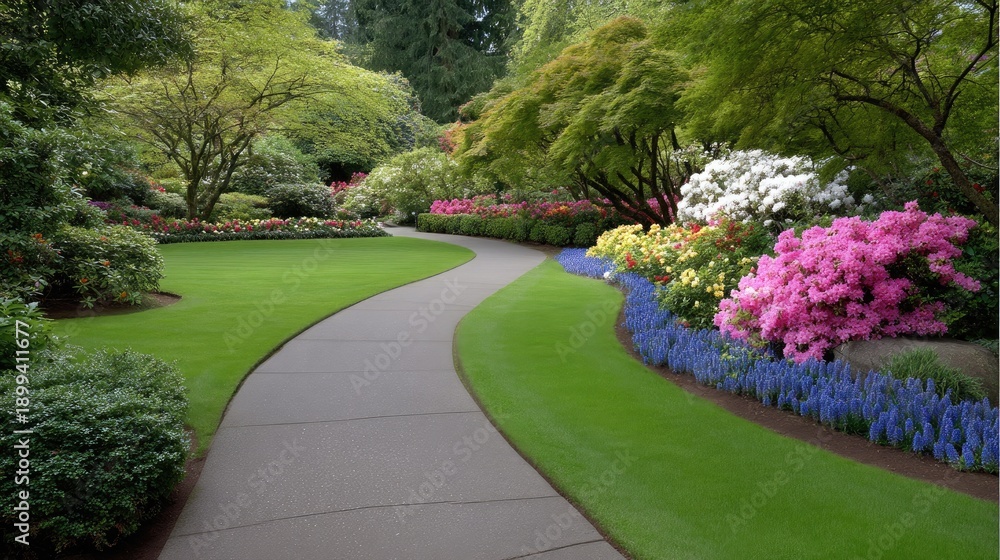 Obraz premium Serene Garden Pathway Surrounded by Lush Green Grass and Vibrant Flower Beds in Blooming Colors of Azaleas, Lupines, and Other Floral Varieties