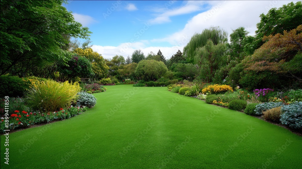 Fototapeta premium Lush Green Garden with Vibrant Flower Beds and Clear Blue Sky Perfect for Nature Lovers and Landscape Enthusiasts Seeking Serenity and Beauty