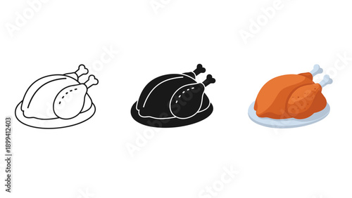 Three illustrations of roasted turkey on a plate Vector