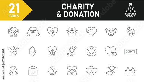 Charity and donation line icon set. Set of 21 outline icons related to charity, donation, social care, sympaty, solidarity and others. Editable stroke. Vector illustration.