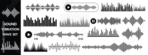 Set of waving, sound, vibration and pulsing lines. Graphic design elements for music app.Vector illustration