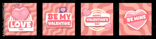 Set of 4 aesthetic Valentine s Day square banners with pink 3D hearts and wavy backgrounds, Be Mine and Love You social media post templates. Square posters with hearts and wavy pink patterns.
