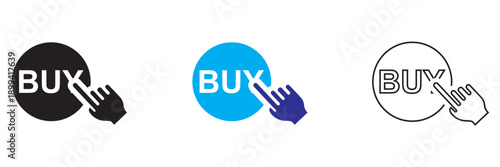 Buy button click icon UI set. Set of modern buy button icons with hand cursor clicks, representing online shopping, ecommerce actions, and user interface design concepts.

