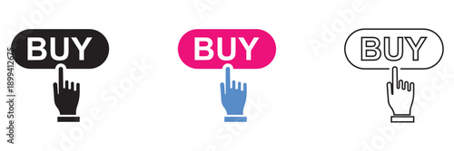 Buy button click icon UI set. Set of modern buy button icons with hand cursor clicks, representing online shopping, ecommerce actions, and user interface design concepts.

