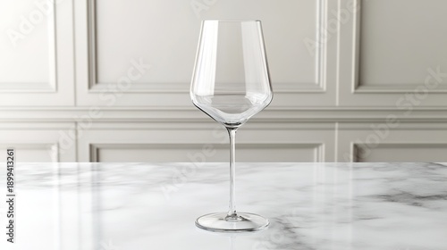 stemware. A crystal-clear wine glass on a marble countertop, reflecting soft light in an elegant minimalist scene. bar promotions.