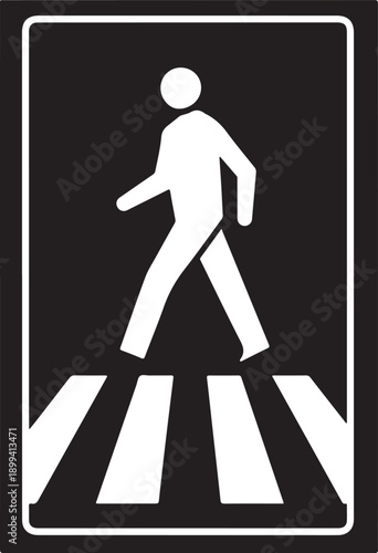 Pedestrian crossing sign silhouette showing man walking on stripes within rectangular frame representing traffic safety and road warning