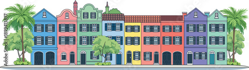 Colorful Historic Row Houses Illustration Inspired by Rainbow Row.eps