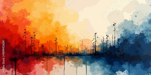 Abstract grunge red background with paint texture featuring an industrial factory silhouette and chimneys emitting smoke into a smoggy sunset sky over a city landscape