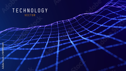 Abstract Blue Grid Particles Background. Flow Wave Dots. Digital Data Structure. Technology Vector Illustration.