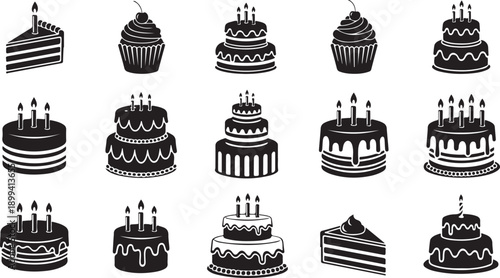 Bakery cake collection featuring delicious desserts layered pastries and birthday sweets with candles and frosting for party celebration