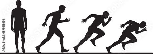 Runner silhouette sequence showing different stages of human motion from standing pose to sprinting sprint for athletic fitness activity
