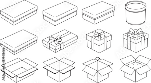 Set of isometric line drawing boxes and gift boxes, open and closed containers for packaging