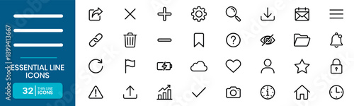 Essential Line Icons Collection Menu Plus Minus Check Mark Close Refresh Share Link Eye Info