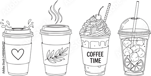 Coffee cups collection featuring takeaway containers for hot espresso and cold brew with whipped cream and ice for cafe menu selection
